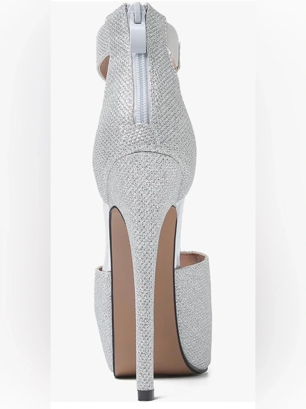 Silver Glitter Platform Peep Toe Stiletto Heels w/ ankle strap size 9